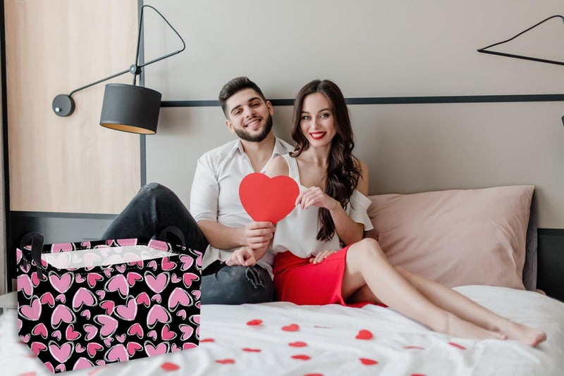 ESSME Rectangular Valentine's Day Baskets Cute Storage Box,Heart Storage Bins Organizer with Handles for Kids Room Decor,Gift Basket,Shelf Basket,(Black line heart) - Image 4